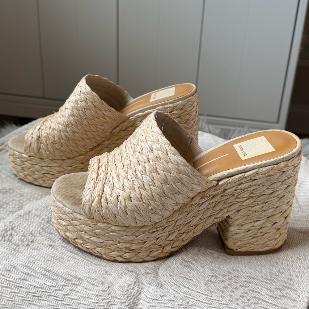 Dolce Vita Elora Natural Raffia Woven Braided Open Toe Platform Sandals Heels